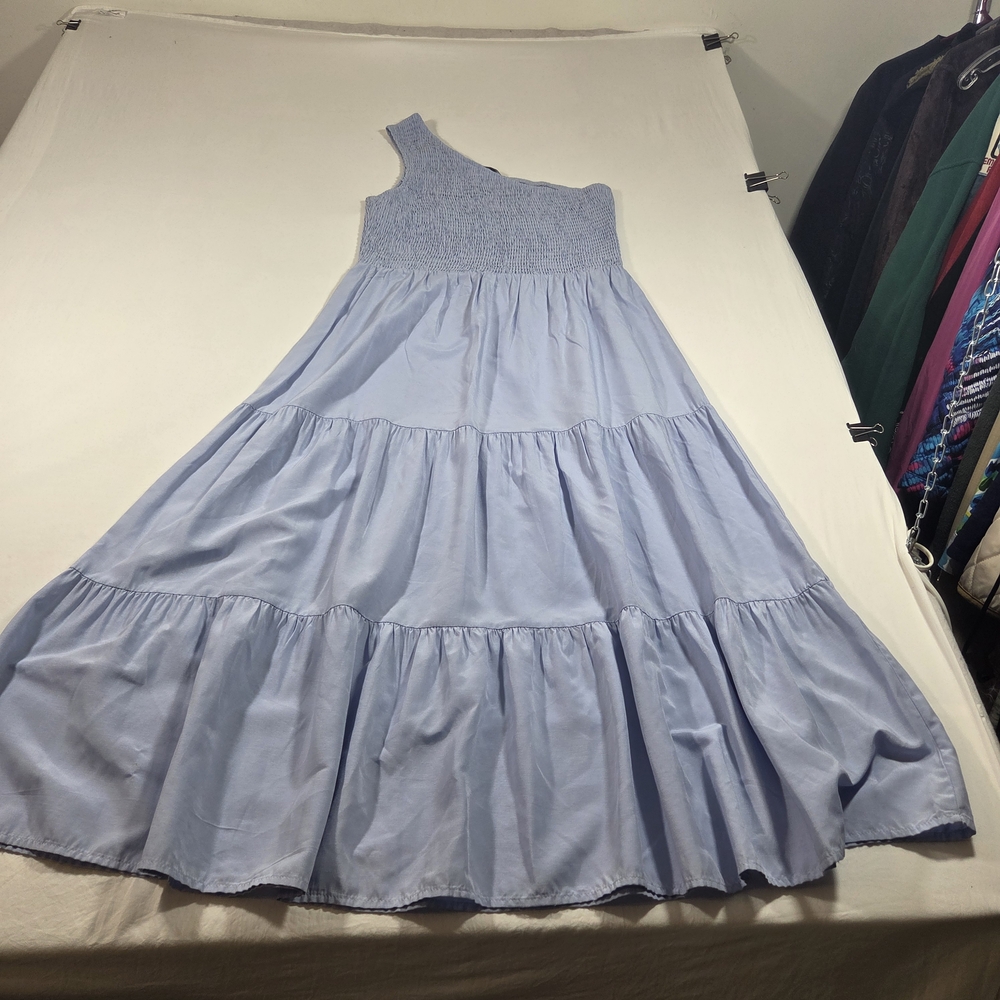One Shoulder Smocked One-Shoulder Tiered Midi Dress Light Blue Feminine Summer - Picture 2 of 13